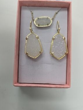 White Druzy Teardrop Pendant Necklace and Earrings Set - Gold Frame